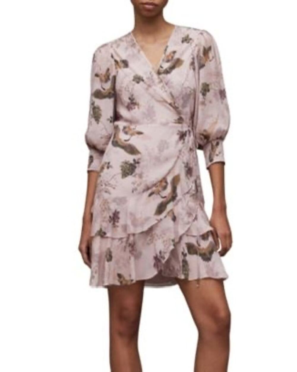 All Saint ARI Peggy Dress in Lightweight Floral print tiered ruffle dress, A32